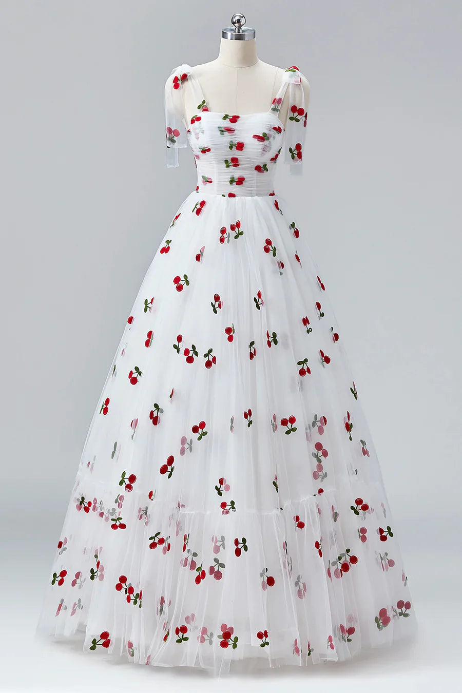 White Cherry Floor Length Prom Dresses, A-Line Ruffle Tulle Spaghetti Straps Princess Evening Dresses TP129