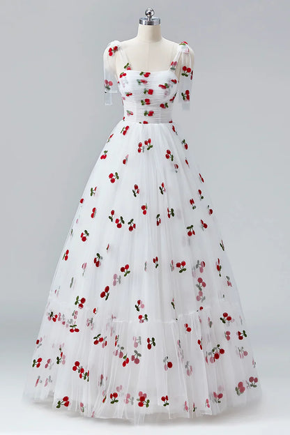 White Cherry Floor Length Prom Dresses, A-Line Ruffle Tulle Spaghetti Straps Princess Evening Dresses TP129