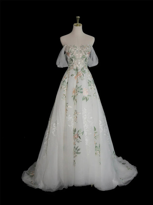A-Line Tulle Floral Lace Long Prom Dress, White Off the Shoulder Evening Party Dress TP133