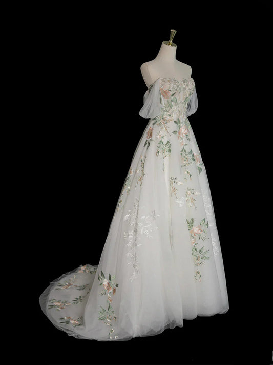 A-Line Tulle Floral Lace Long Prom Dress, White Off the Shoulder Evening Party Dress TP133
