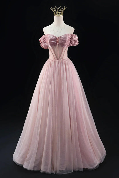 A-Line Tulle Beaded Floor Length Prom Dress, Lovely Off the Shoulder Evening Party Dress TP137