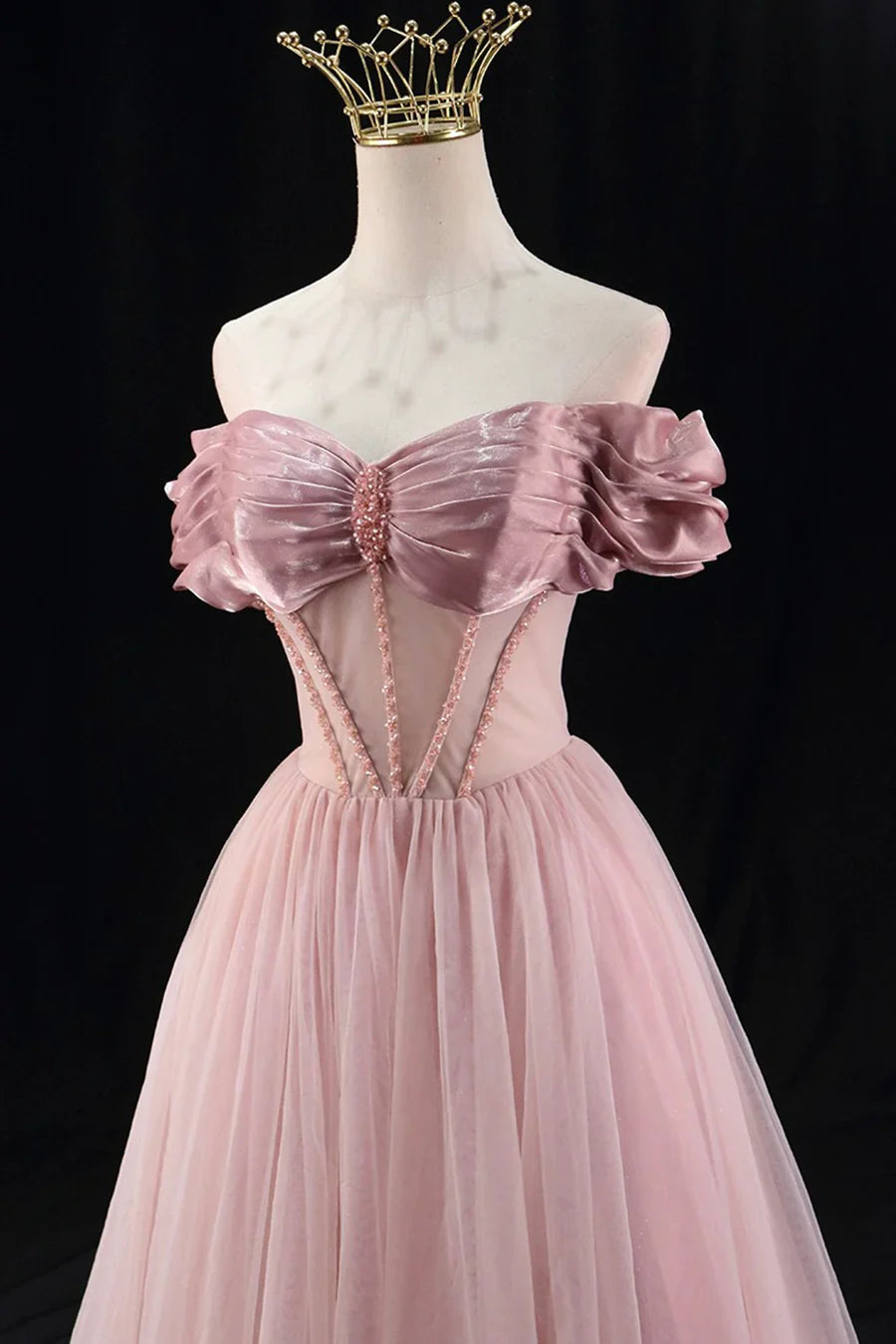 A-Line Tulle Beaded Floor Length Prom Dress, Lovely Off the Shoulder Evening Party Dress TP137