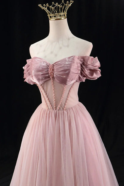 A-Line Tulle Beaded Floor Length Prom Dress, Lovely Off the Shoulder Evening Party Dress TP137