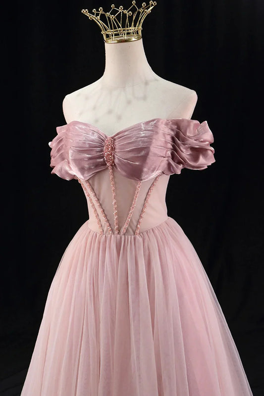 A-Line Tulle Beaded Floor Length Prom Dress, Lovely Off the Shoulder Evening Party Dress TP137