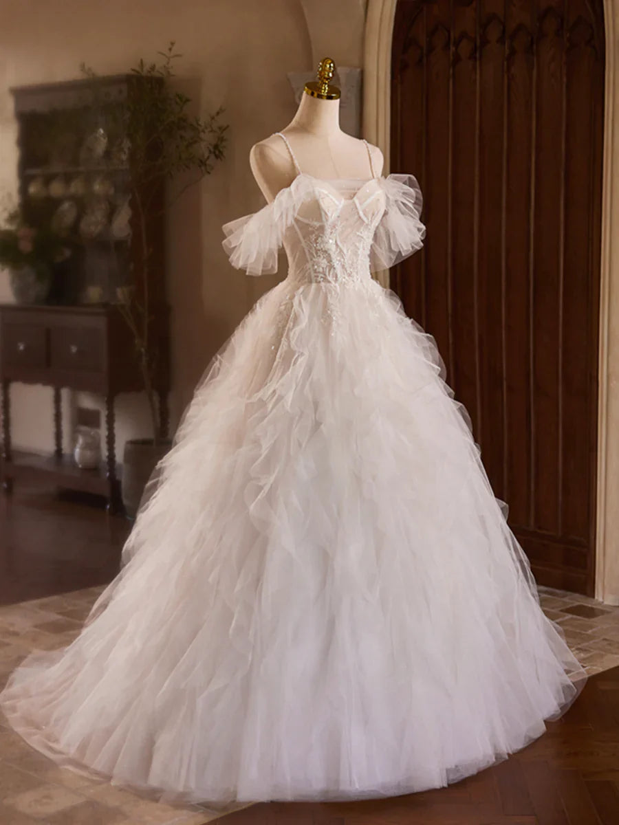 A-Line Tulle Layers Long Prom Dress, Ivory Spaghetti Strap Sweet 16 Dress Evening Dress TP146