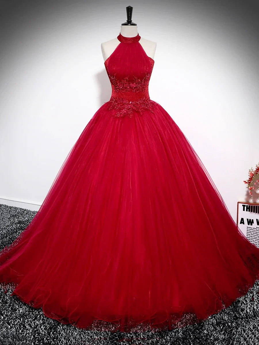 Previous Next   Red A-Line Halter Long Prom Dress, Red Backless Evening Formal Dress TP148
