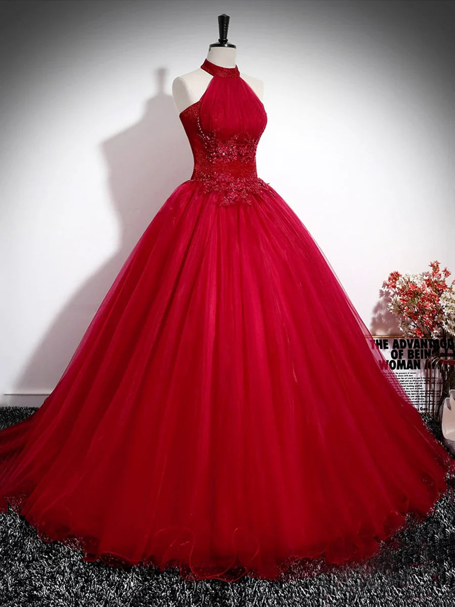 Previous Next   Red A-Line Halter Long Prom Dress, Red Backless Evening Formal Dress TP148