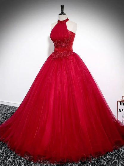 Previous Next   Red A-Line Halter Long Prom Dress, Red Backless Evening Formal Dress TP148