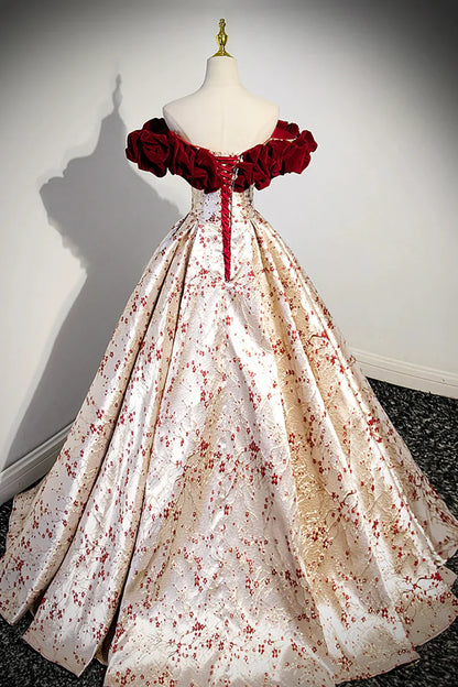 Beautiful Floral Satin Sweetheart Off Shoulder Prom Dress, Burgundy Long Satin Backless Party Dress TP151