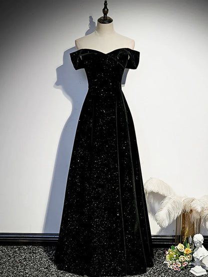 Black Velvet Long Prom Dress, Black Off the Shoulder Evening Party Dress TP157