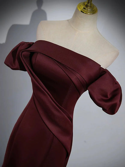 Burgundy Satin Long Prom Dress, Mermaid Off the Shoulder Evening Party Dress TP162