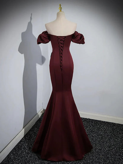 Burgundy Satin Long Prom Dress, Mermaid Off the Shoulder Evening Party Dress TP162