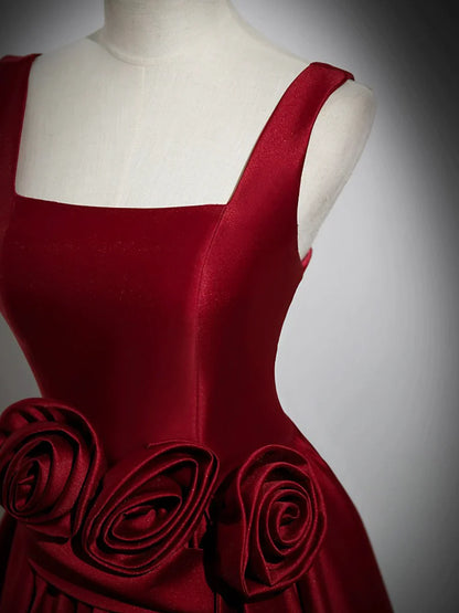 Burgundy Satin Long Prom Dress with Flowers, Elegant A-Line Party Dress TP164