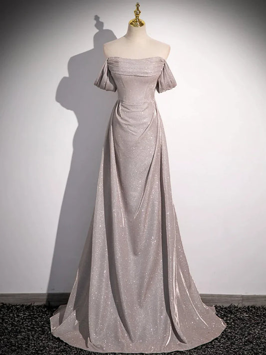 Simple Sequins Ruffle Long Evening Dresses, Off the Shoulder Formal Party Dresses TP166