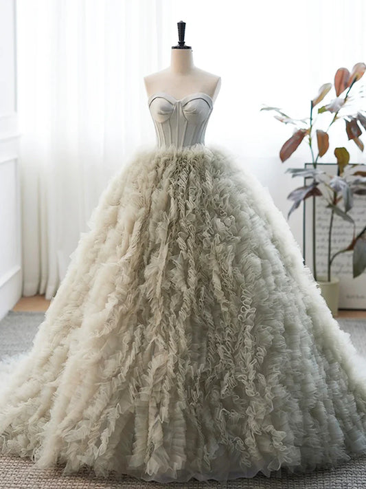 Gray Strapless Tulle Long Prom Dress, Beautiful A-Line Sweetheart Neck Formal Evening Dress TP170