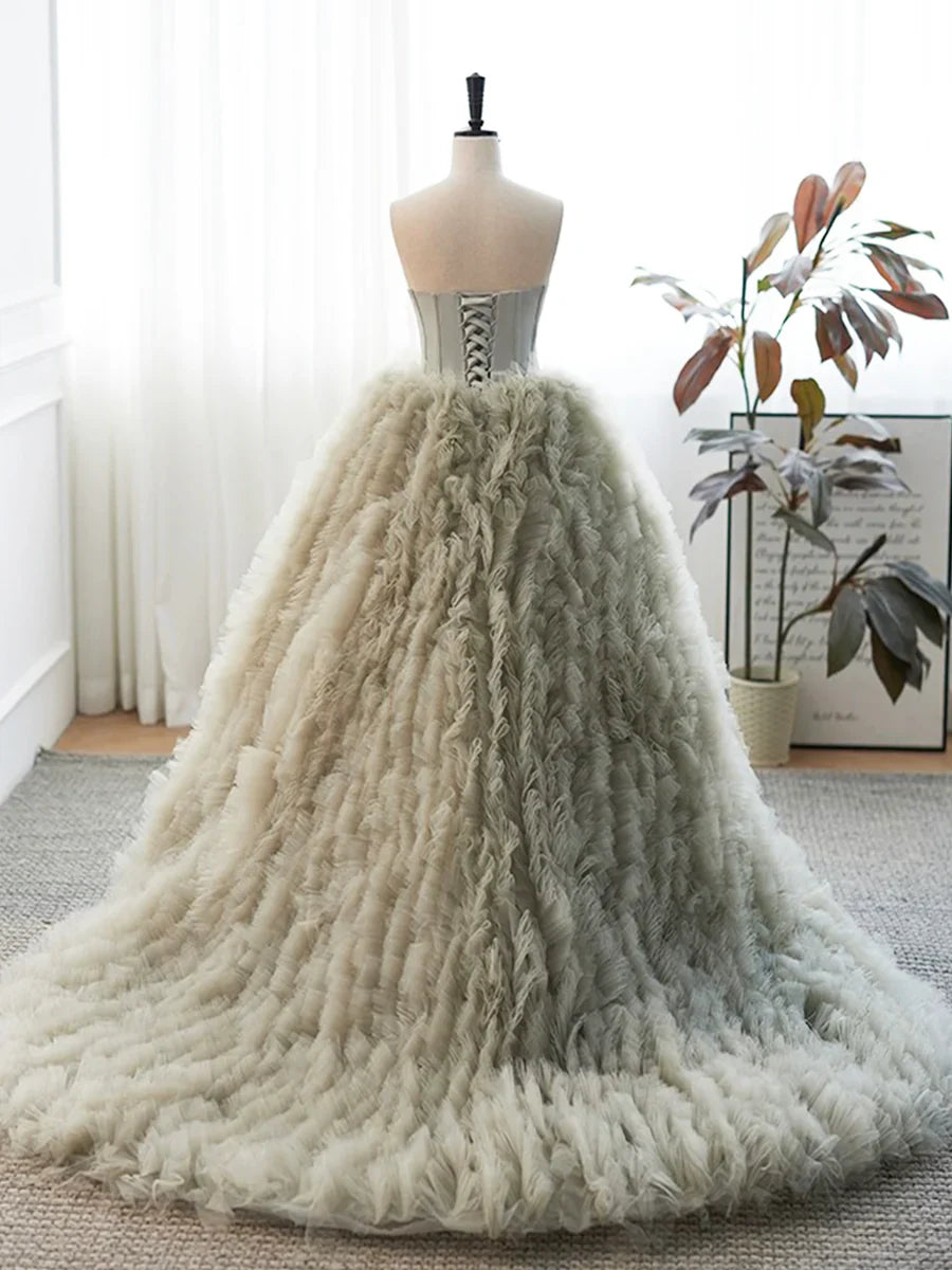 Gray Strapless Tulle Long Prom Dress, Beautiful A-Line Sweetheart Neck Formal Evening Dress TP170