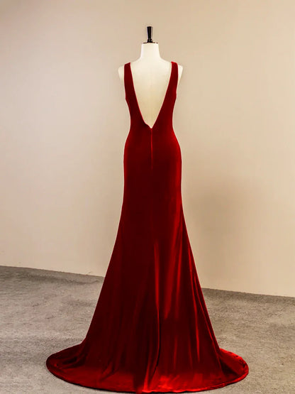 Burgundy V-Neck Velvet Long Prom Dress, Simple Mermaid Backless Evening Dress TP174