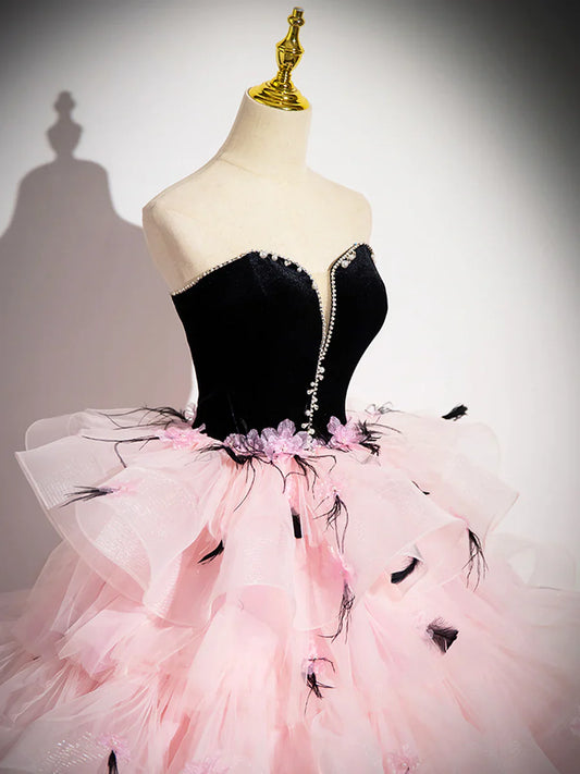 Pink Tulle and Black Velvet Strapless Party Gown, Pink Backless Ruffles Formal Evening Dress TP185