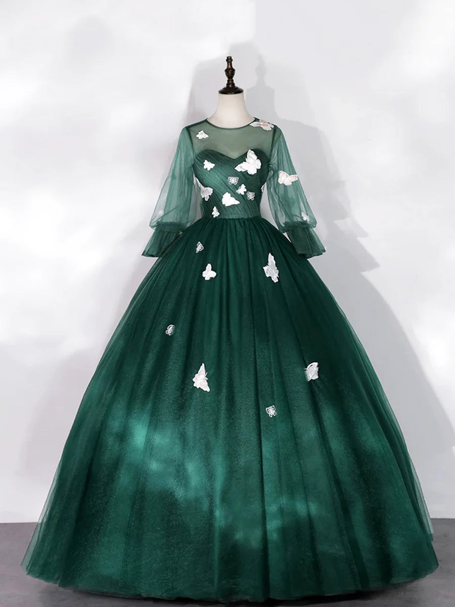 Dark Green Tulle Floor Length Prom Dress with Butterfly Appliques, A-Line Long Sleeve Evening Party Dress TP191