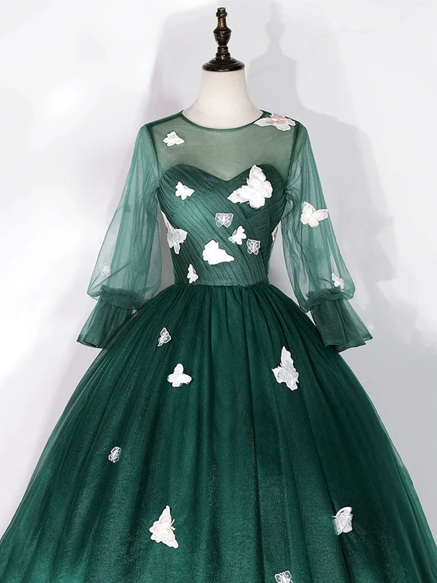 Dark Green Tulle Floor Length Prom Dress with Butterfly Appliques, A-Line Long Sleeve Evening Party Dress TP191