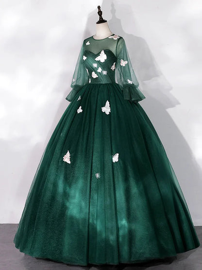 Dark Green Tulle Floor Length Prom Dress with Butterfly Appliques, A-Line Long Sleeve Evening Party Dress TP191