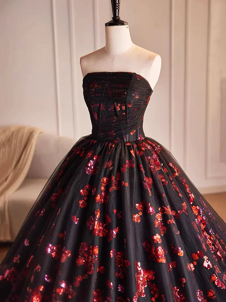 Black Tulle and Red Sequins Long Pom Dress, Beautiful A-Line Strapless Formal Evening Dress TP196
