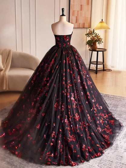 Black Tulle and Red Sequins Long Pom Dress, Beautiful A-Line Strapless Formal Evening Dress TP196