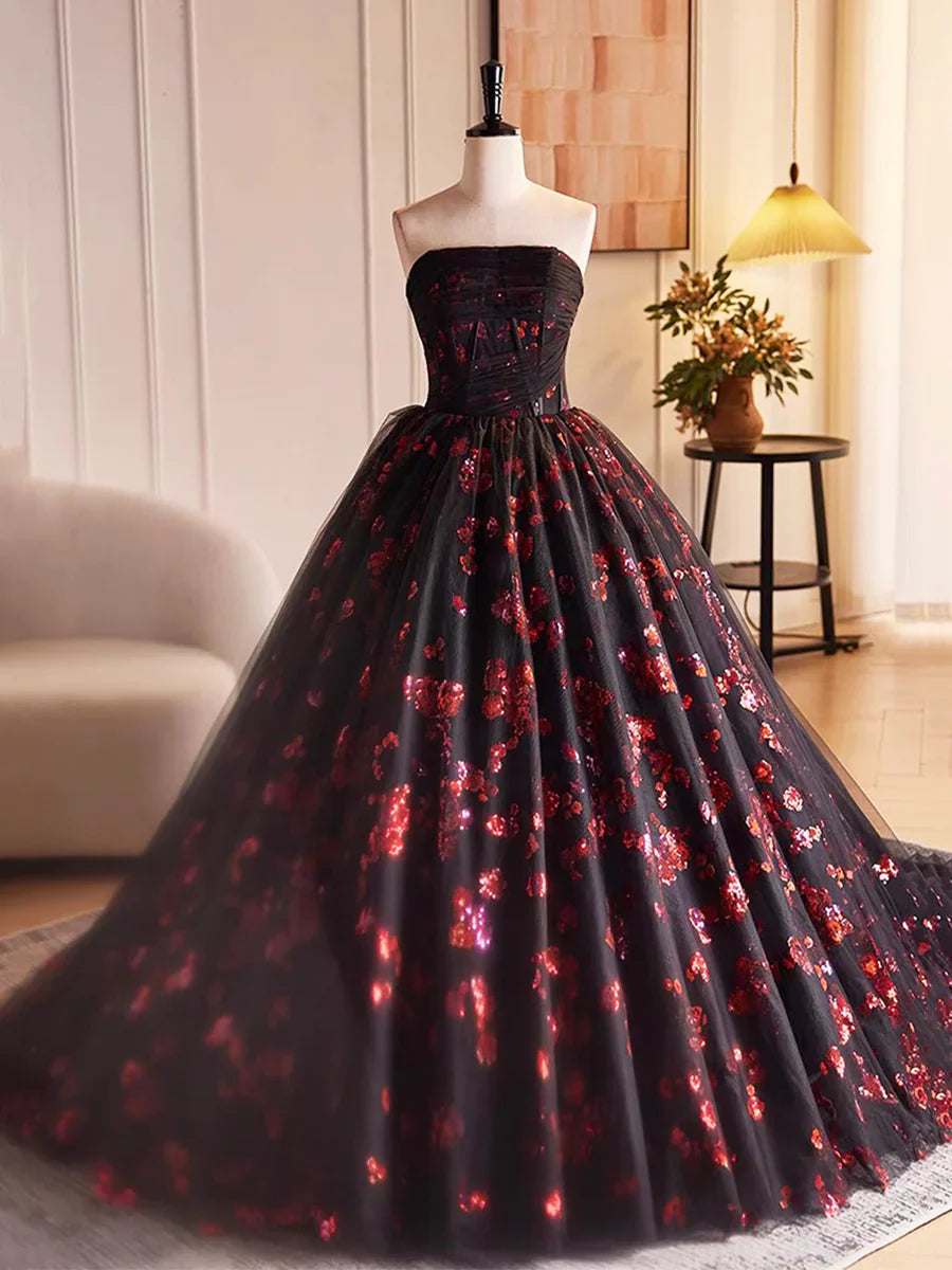 Black Tulle and Red Sequins Long Pom Dress, Beautiful A-Line Strapless Formal Evening Dress TP196