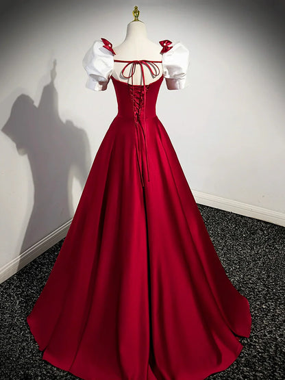 White and Burgundy Satin Long Prom Dress, Beautiful A-Line Short Sleeve Evening Dress TP203