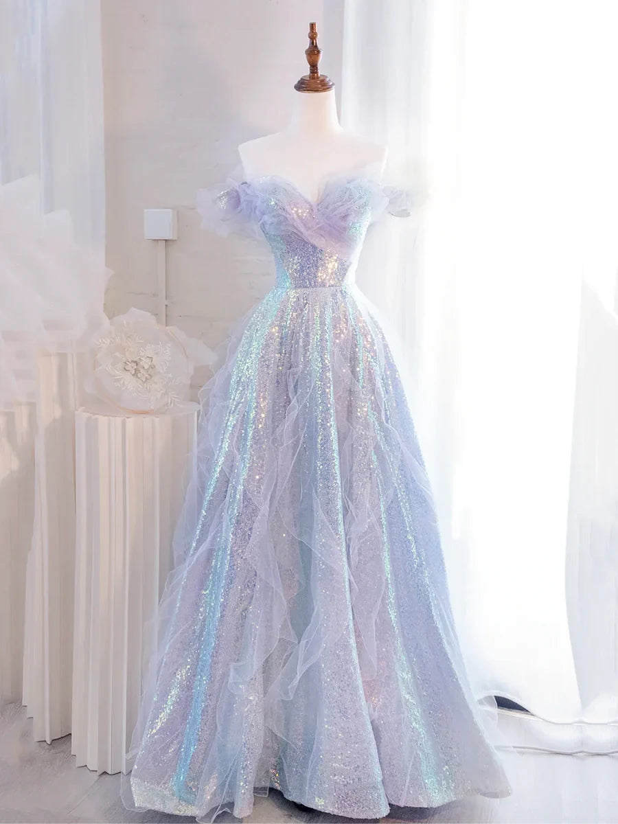 Lovely Purple Tulle Sequins Long Prom Dress, Off the Shoulder Evening Party Dress TP206