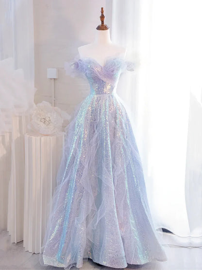 Lovely Purple Tulle Sequins Long Prom Dress, Off the Shoulder Evening Party Dress TP206