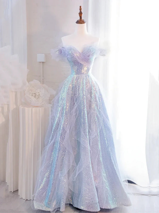 Lovely Purple Tulle Sequins Long Prom Dress, Off the Shoulder Evening Party Dress TP206