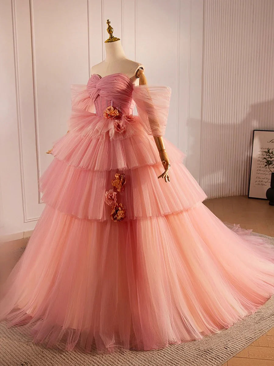 Pink Sweetheart Neck Tulle Long Ball Gown, Beautiful A-Line Evening Party Gown TP208