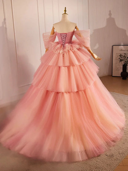Pink Sweetheart Neck Tulle Long Ball Gown, Beautiful A-Line Evening Party Gown TP208