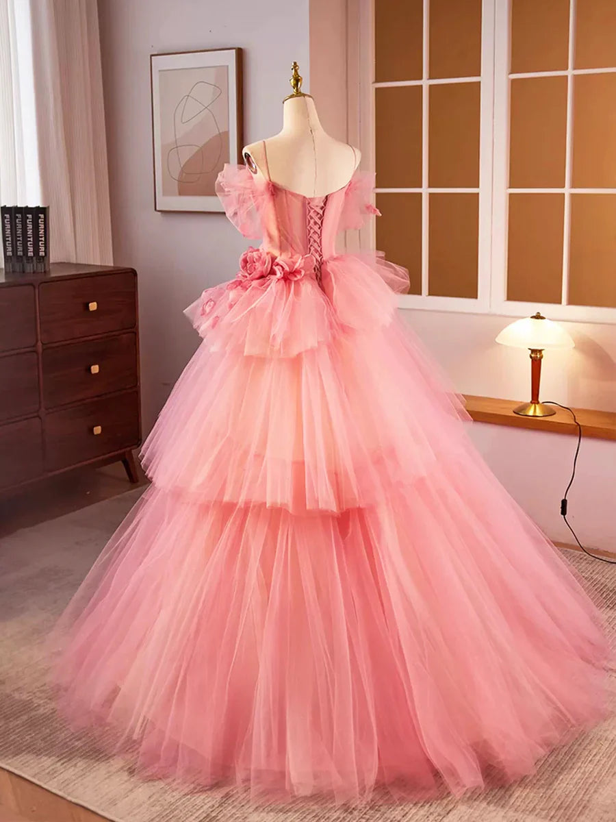 Pink Spaghetti Strap Tulle Long Prom Dress, Beautiful A-Line Sweet 16 Dress TP210