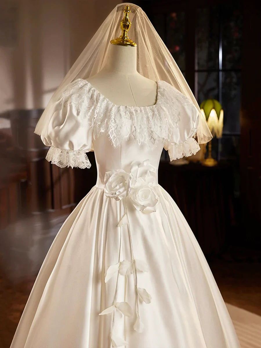 White Satin Tea Length Prom Dress with Lace, Retro A-Line Evening Party Dress TP211