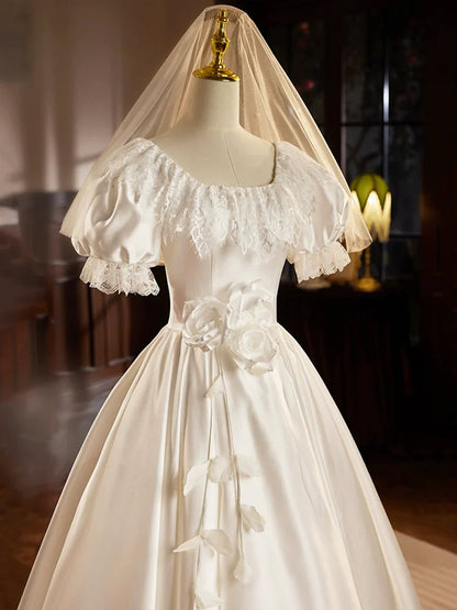 White Satin Tea Length Prom Dress with Lace, Retro A-Line Evening Party Dress TP211