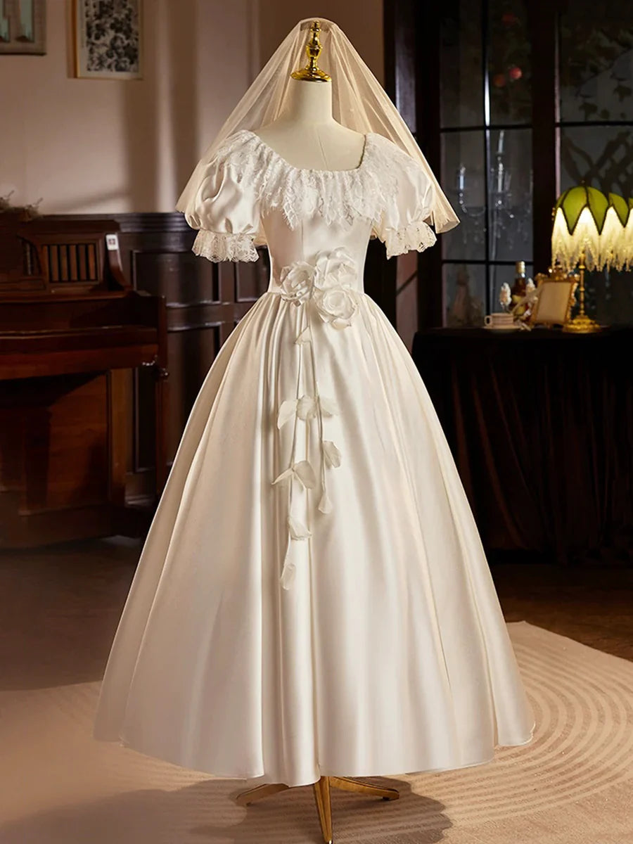 White Satin Tea Length Prom Dress with Lace, Retro A-Line Evening Party Dress TP211