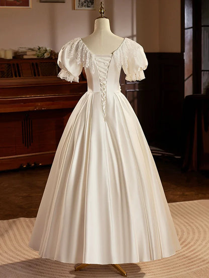 White Satin Tea Length Prom Dress with Lace, Retro A-Line Evening Party Dress TP211
