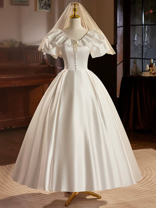 Retro Satin Tea Length Prom Dress with Lace, White A-Line Evening Party Dress TP212