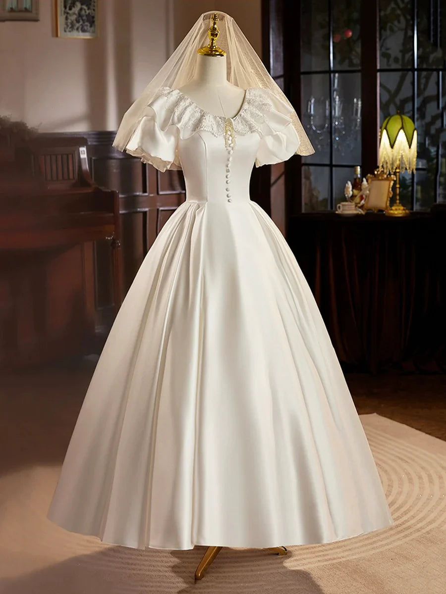 Retro Satin Tea Length Prom Dress with Lace, White A-Line Evening Party Dress TP212