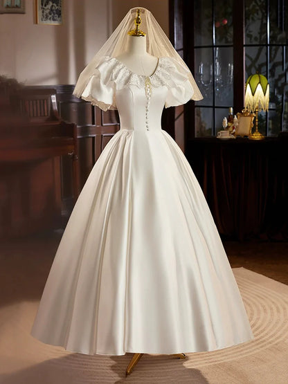 Retro Satin Tea Length Prom Dress with Lace, White A-Line Evening Party Dress TP212