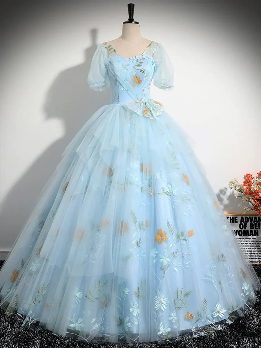 Blue Tulle Floor Length Prom Dress, Beautiful Short Sleeve Evening Party Dress TP216