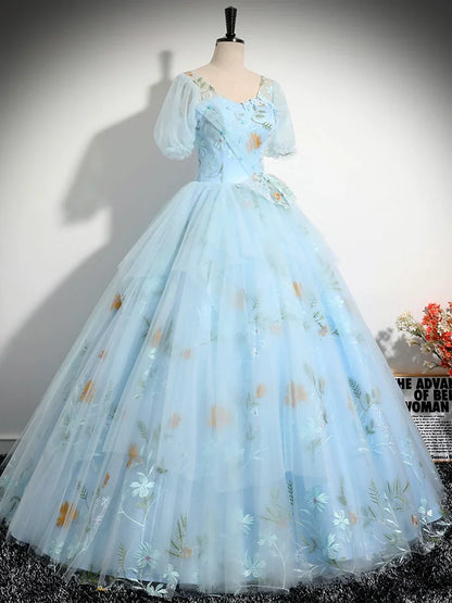 Blue Tulle Floor Length Prom Dress, Beautiful Short Sleeve Evening Party Dress TP216