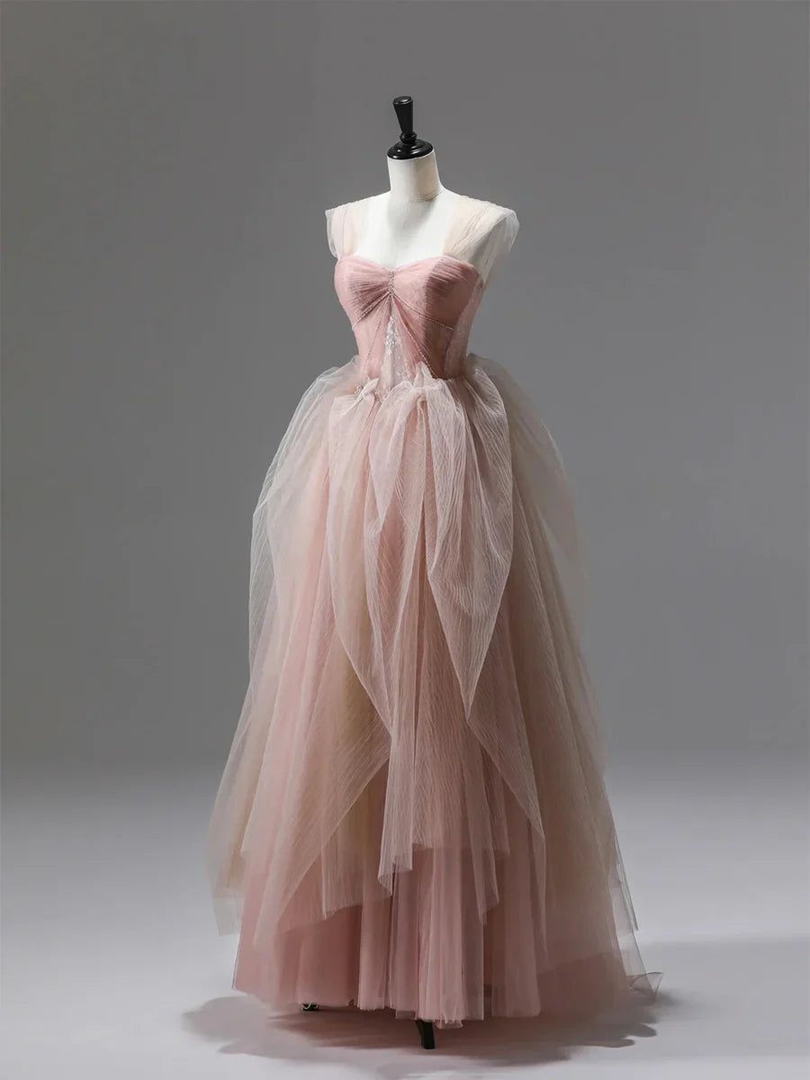 Pink Tulle Lace Long Prom Dress, Beautiful A-Line Evening Party Dress TP220