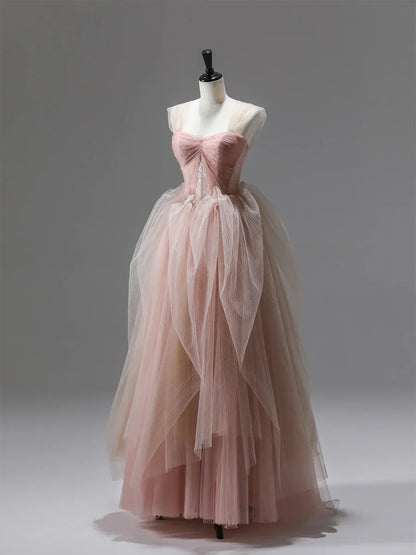 Pink Tulle Lace Long Prom Dress, Beautiful A-Line Evening Party Dress TP220