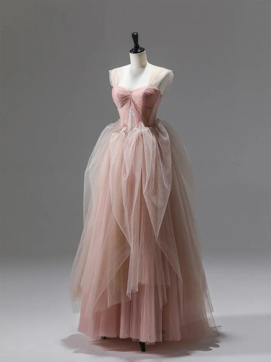 Pink Tulle Lace Long Prom Dress, Beautiful A-Line Evening Party Dress TP220