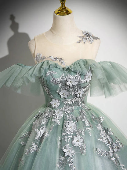 Cute Tulle Lace Long Prom Dress, A-Line Scoop Neckline Off Shoulder Evening Party Dress TP223