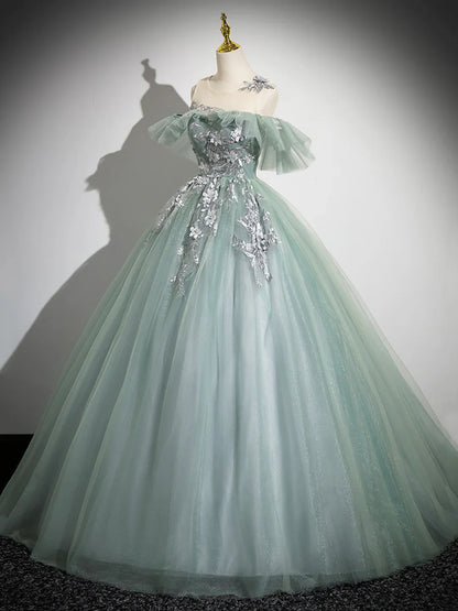 Cute Tulle Lace Long Prom Dress, A-Line Scoop Neckline Off Shoulder Evening Party Dress TP223