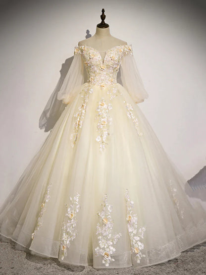 Champagne Tulle Lace Long Prom Dress, A-Line Off the Shoulder Long Sleeve Evening Dress TP224